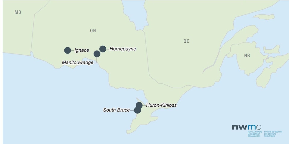 La carte montre les cinq sites en Ontario : Ignace, Hornepayne, Manitouwadge, South Bruce et Huron-Kinloss.
