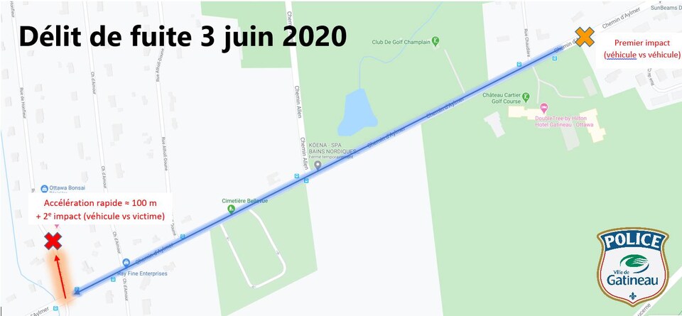 Une carte du secteur d'Aylmer montrant où sont survenues les deux collisions loirs d'un délit de fuite violent le 3 juin 2020. 