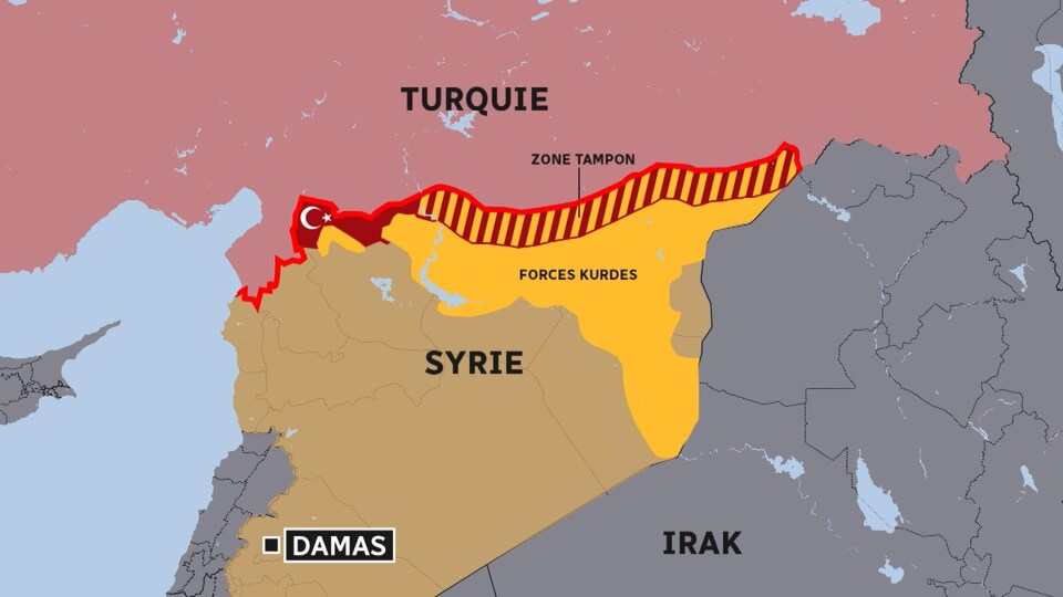 Carte montrant l'offensive turque en Syrie, dans la zone contrôlée par les forces à prédominance kurde.