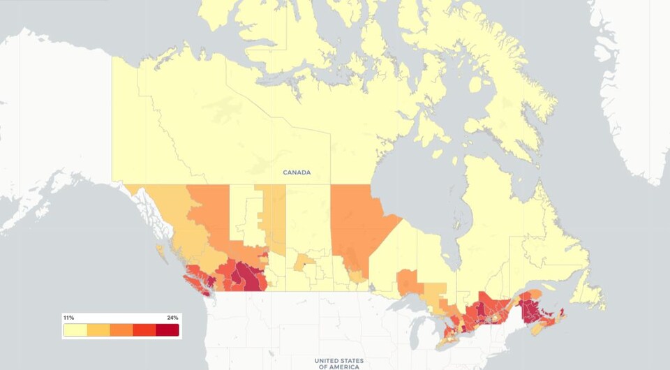 Carte des provinces du Canada montrant où le taux de participation a été le plus populaire.