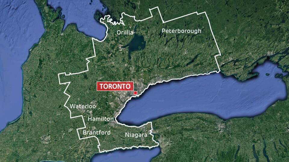 La carte de Toronto et toutes ses banlieues comme Peterborough, Orillia, Waterloo, Hamilton, le Niagara et Brantford.