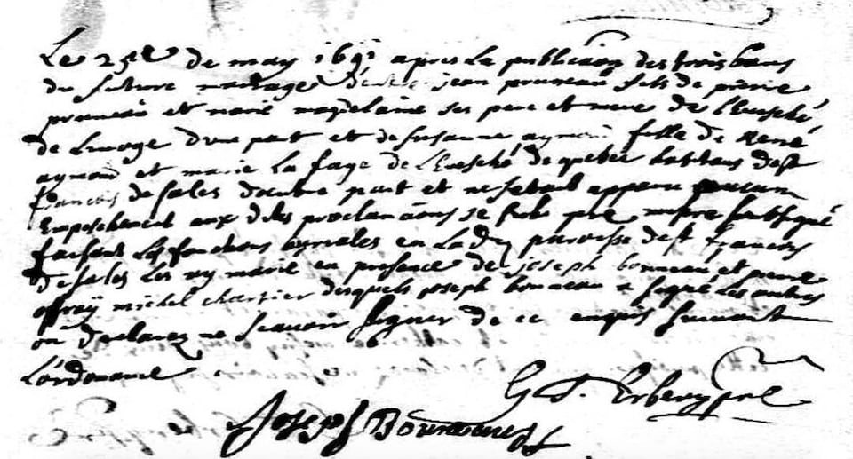 Le certificat de mariage de Jean Pruneau qui se marie avec Suzanne Aymond Emond le 25 mai 1691 à St-François-de-Sales,Argentenay, Ile St-Laurent aujourd'hui St-Fançois,Ile D'Orléans