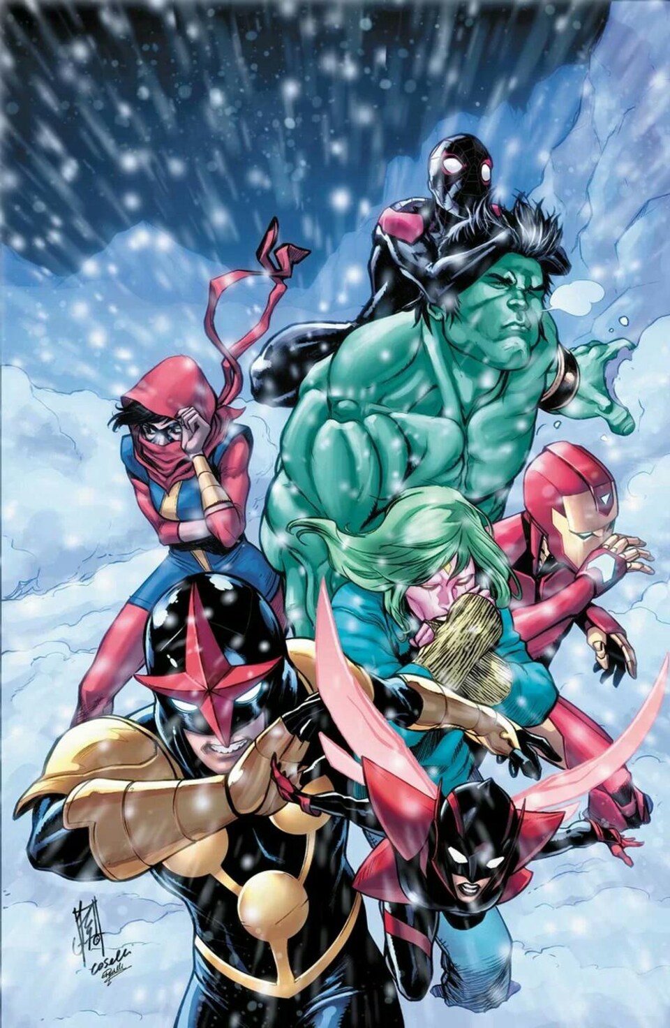Dessin représentant plusieurs superhéros dans une tempête de neige.