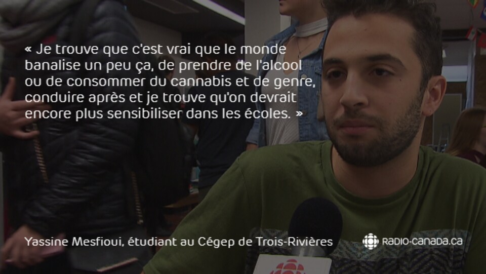 Citation sur la photo de l'étudiant : « Je trouve que c'est vrai que le monde banalise un peu ça, de prendre de l'alcool ou de consommer du cannabis et de genre, conduire après et je trouve qu'on devrait encore plus sensibiliser dans les écoles. »