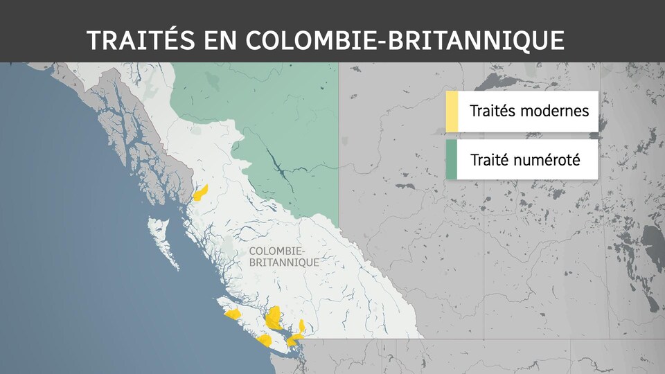 Une carte sur laquelle on voit quelques zones de la Colombie-Britannique en couleur. Elles représentent des régions couvertes par des traités autochtones.