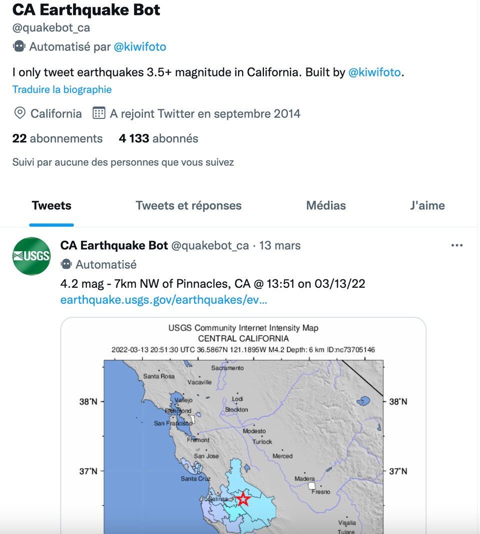 L'interface du compte sur Twitter. On voit les détails du compte et une carte de la Californie.