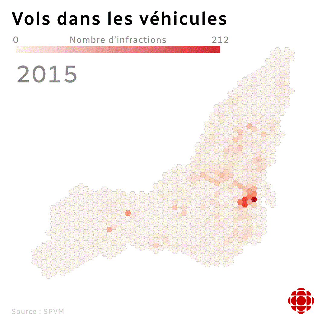 Image animée montrant où se sont produits les vols de véhicules de 2015 à 2017 à Montréal