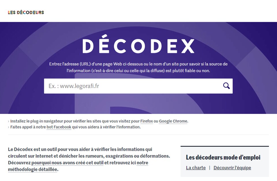 Capture d'écran du moteur de recherche Décodex.