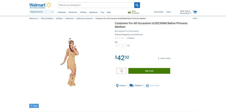 Une femme porte un déguisement d'indienne vendu sur le site Internet de Walmart pour la somme de 30,25 $ et décrit comme un « déguisement pour toutes les occasions ». 