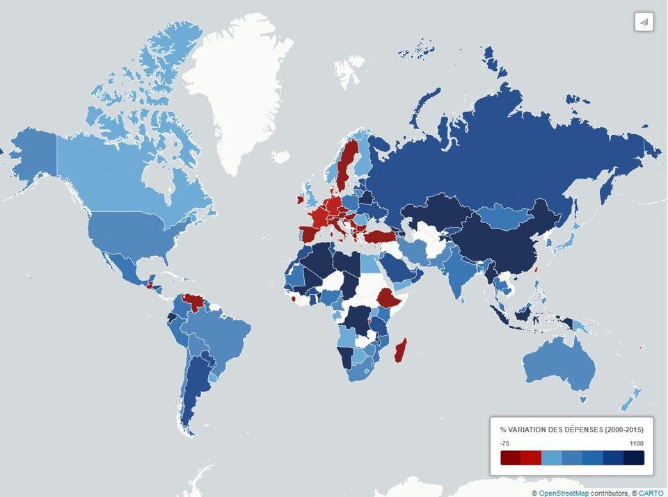 Carte de la variation des dépenses militaires dans le monde.
