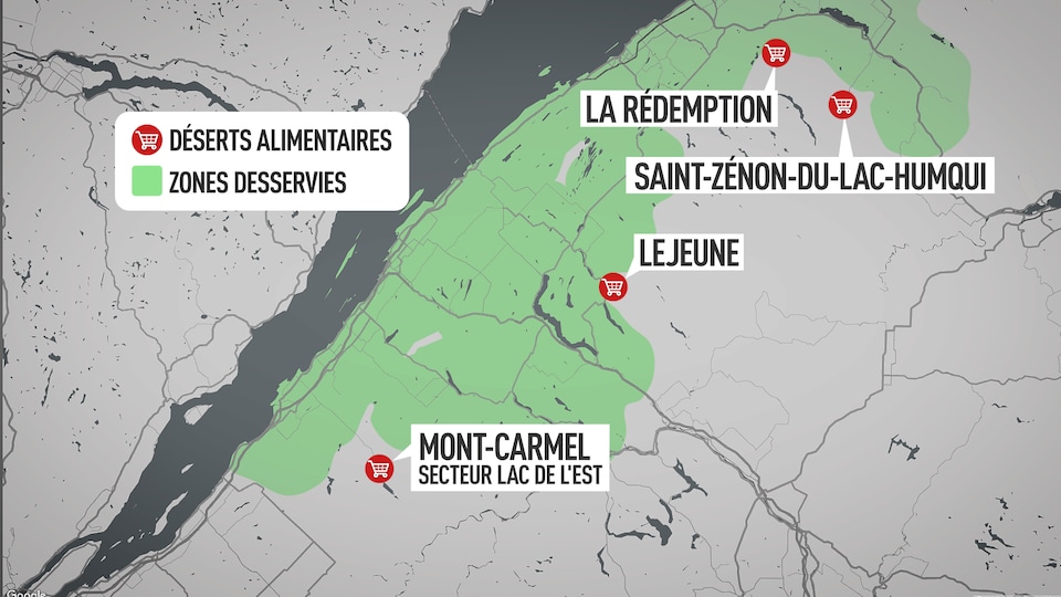 Carte montrant les déserts alimentaires à Mont-Carmel, Lejeune, La Rédemption et Saint-Zénon-du-lac-Humqui.