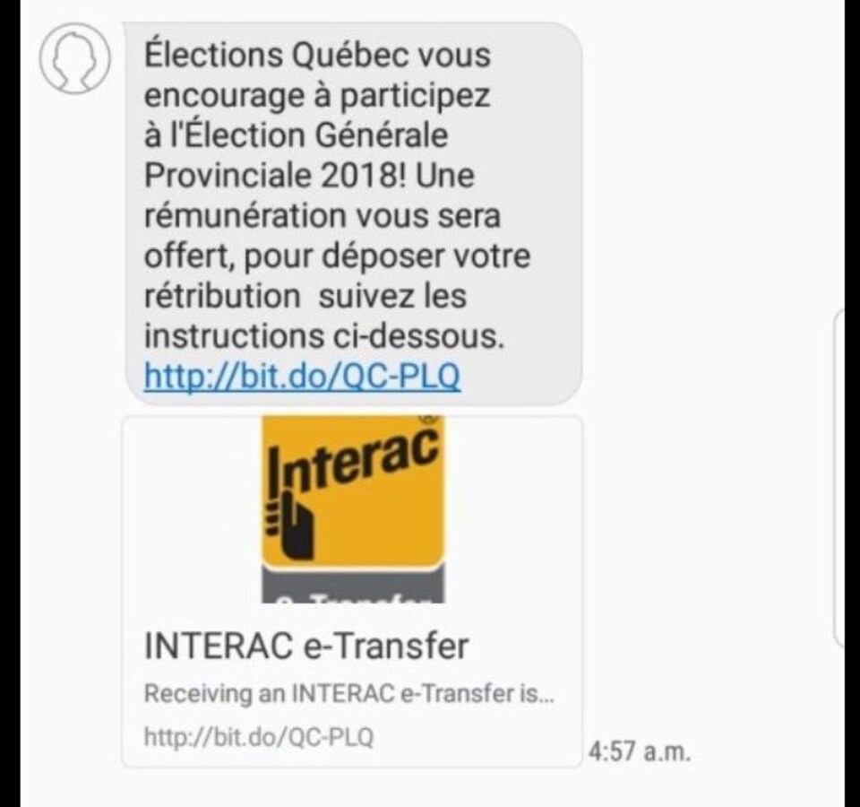 Une capture d'écran montre un message texte qui promet une rémunération en échange d'un vote.