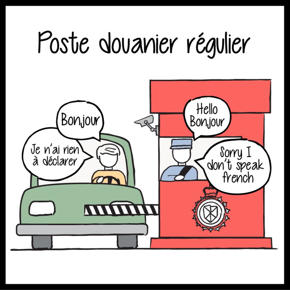 Dessin d'un automobiliste qui essaie de parler en français à un douanier qui répond en anglais. 