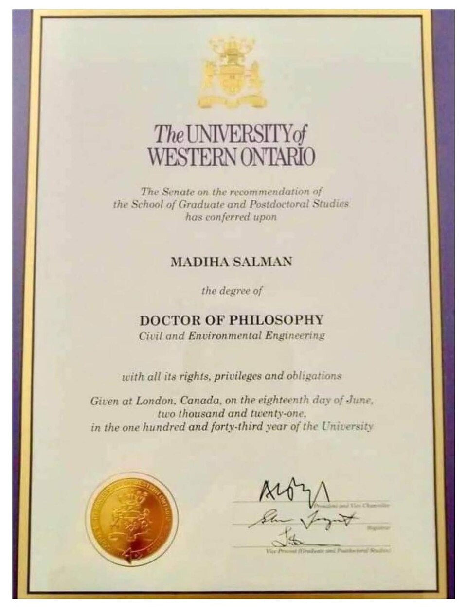 Copie du diplôme de l'Université Western.