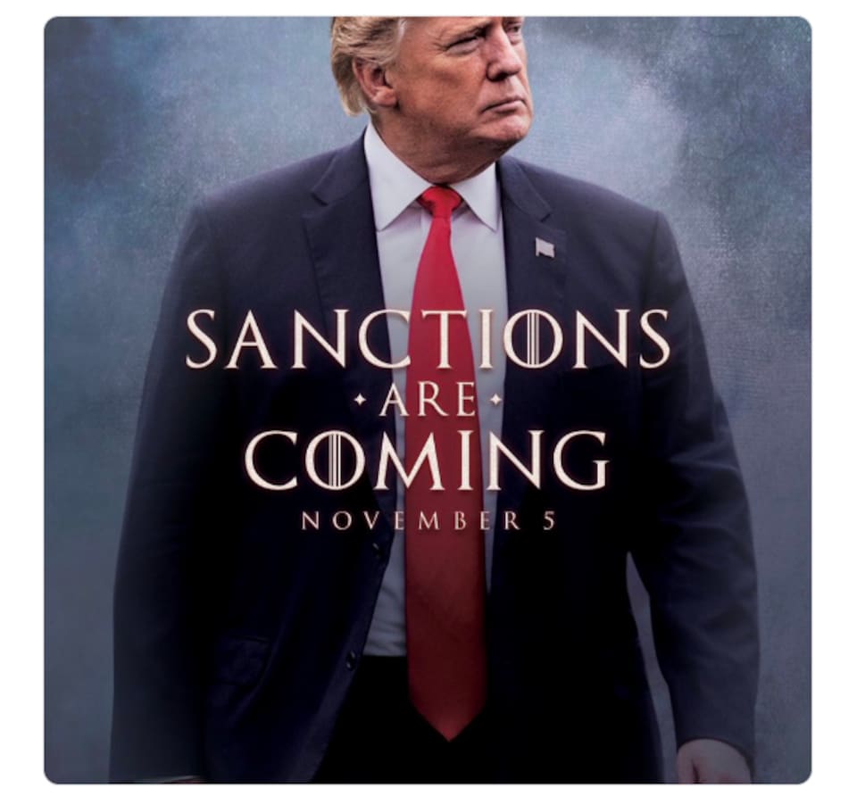Une image de Donald Trump sur laquelle on peut lire « Les sanctions s'en viennent », avec la mention « 5 novembre ».
