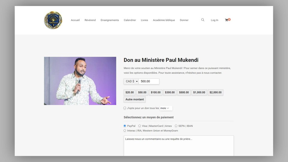 Une page sur le site web du Ministère Paul Mukendi Inc.