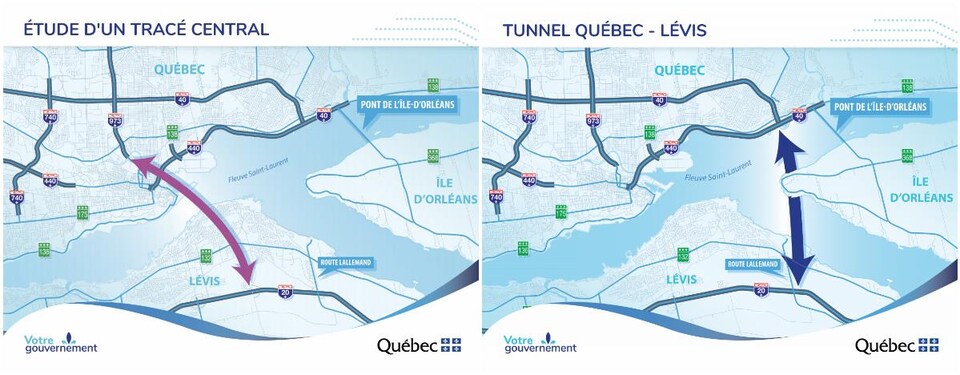 Deux cartes de la ville de Québec avec les autoroutes et des lignes pour montrer où pourrait passer le 3e lien.