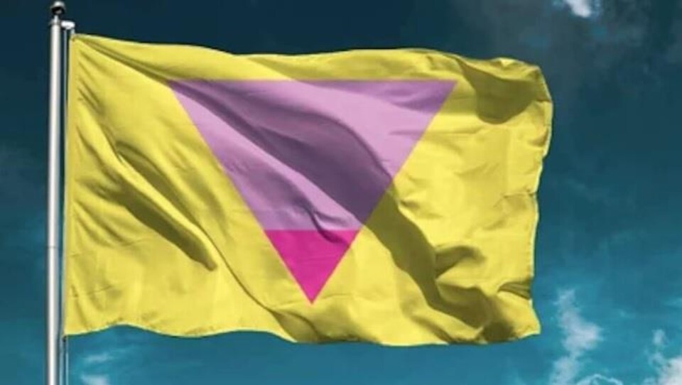 Le drapeau est jaune avec un grand triangle rose et un plus petit magenta