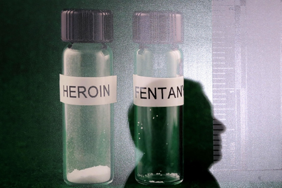 Un échantillon d'héroïne est disposé à côté d'un échantillon de fentanyl, dans de petits contenants en verre lors d'une présentation des autorités à Washington.