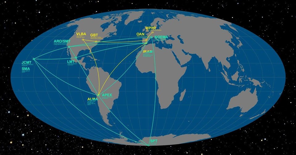 Carte illustrant les endroits où sont situés les instruments du radiotélescope virtuel EHT.
