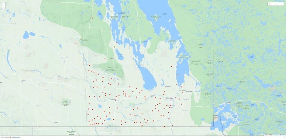 Carte situant les élévateurs à grains en bois au Manitoba
