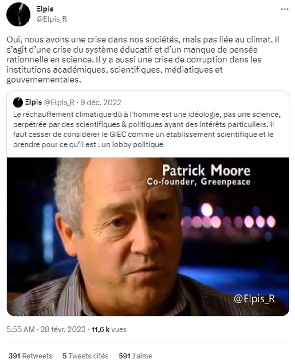 Une publication Twitter d'Elpis_R sur les crises de société plus importantes, selon lui, que celle du climat.