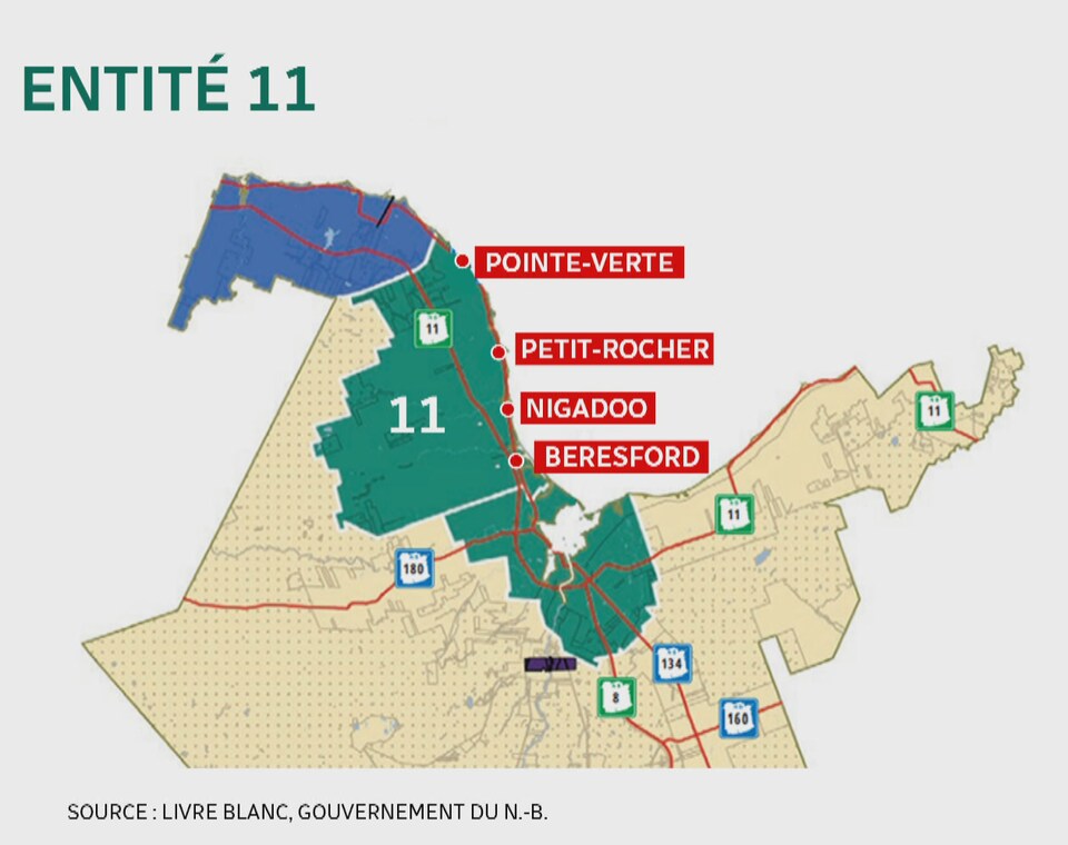 Une map de la région Chaleur, au Nouveau-Brunswick, où il est écrit «Entité 11». On y voit Pointe-Verte, Petit-rocher, Nigadoo et Beresford regroupés. 