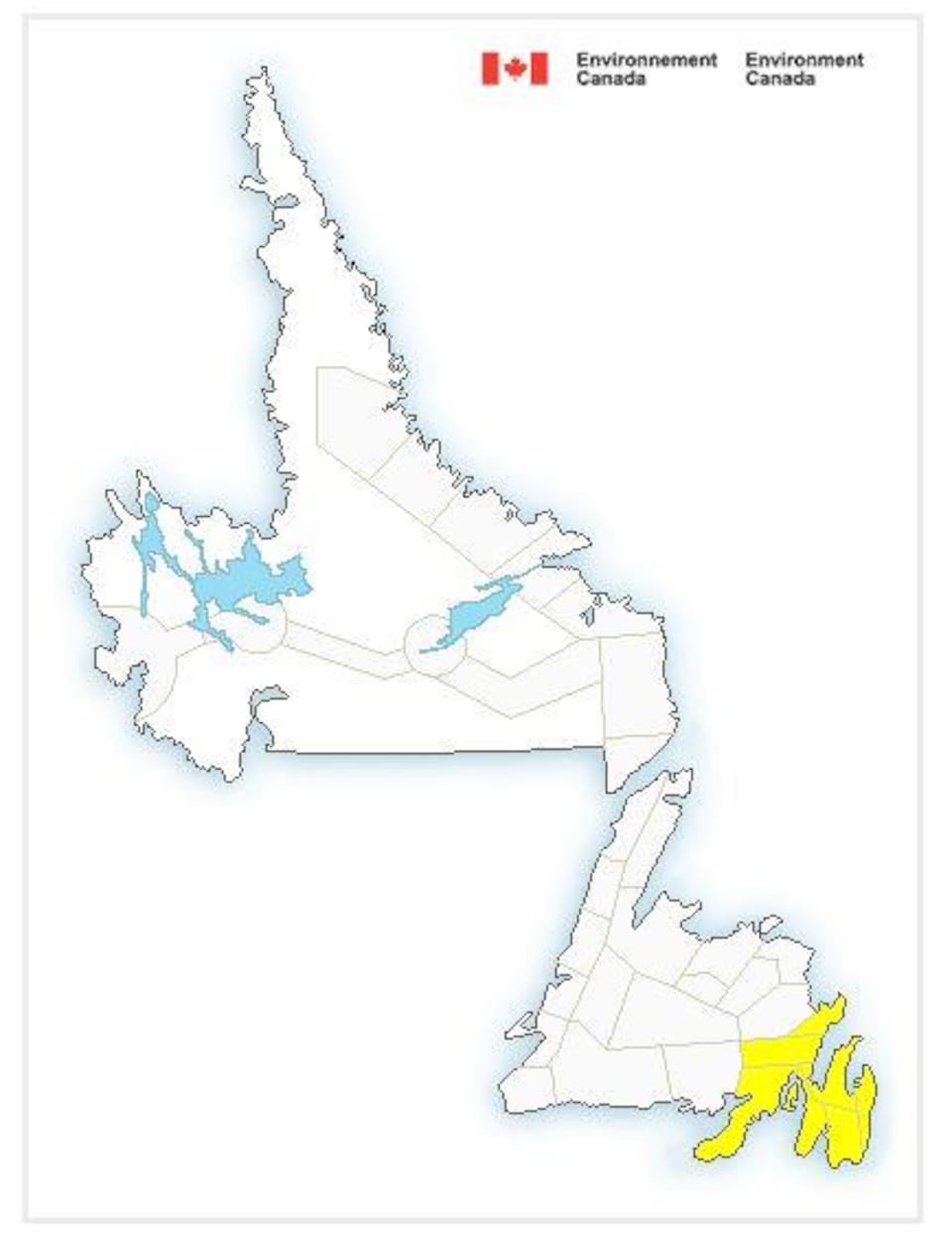 Une carte de Terre-Neuve-et-Labrador. Le sud-est de Terre-Neuve est surligné en jaune. 