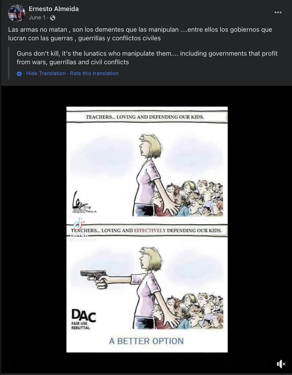 Capture d'écran d'une caricature montrant une enseignante défendant ses élèves à l'aide d'une arme à feu.