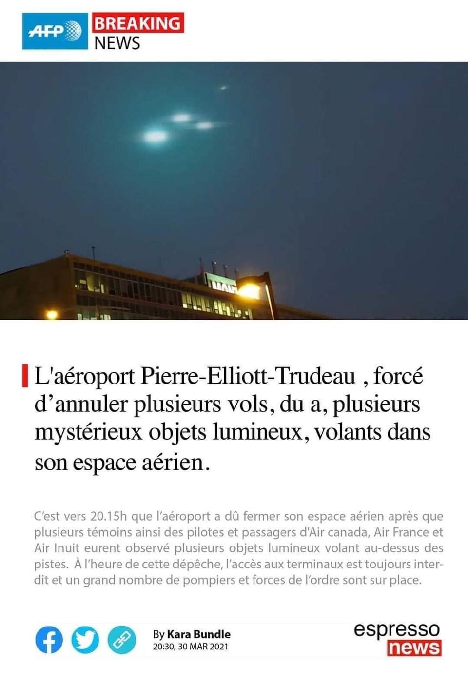 Une photo d'un faux article disant que l'aéroport Pierre-Elliott-Trudeau a été forcé d'annuler plusieurs vols en raison de plusieurs mystérieux objets lumineux volant dans son espace aérien.