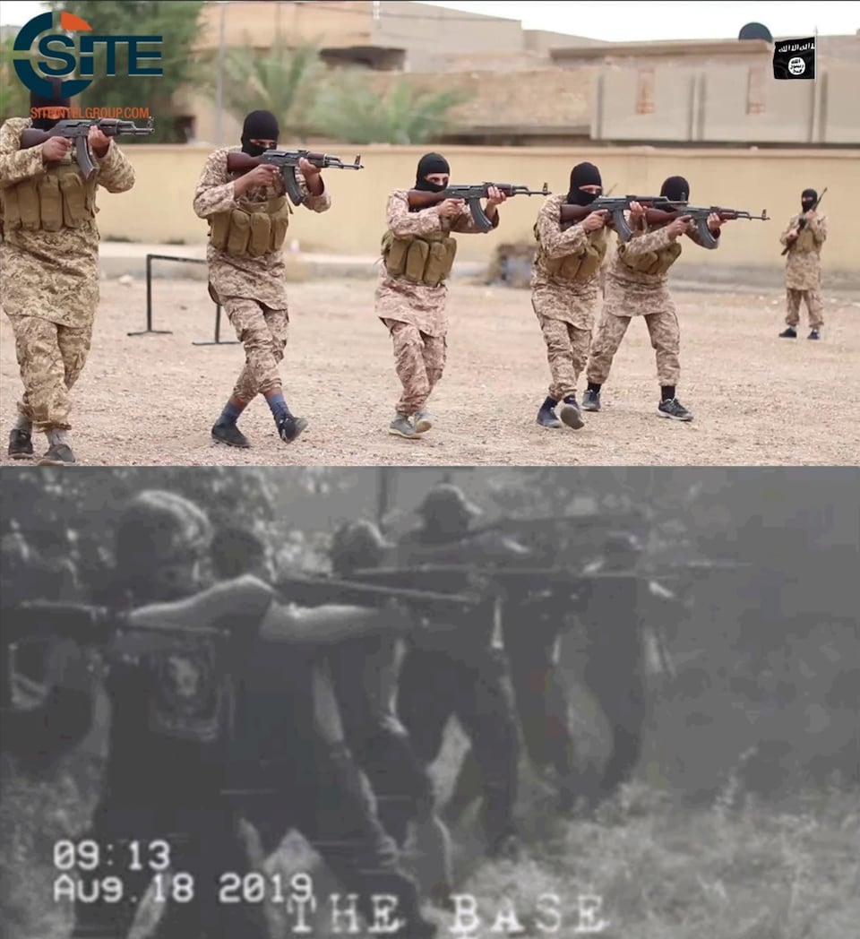 Dans les deux vidéos, des hommes masqués brandissent des armes et tirent. 