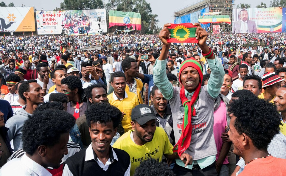 Un Éthiopien brandit un drapeau de son pays lors d,Une manifestation d'appui à la paix.