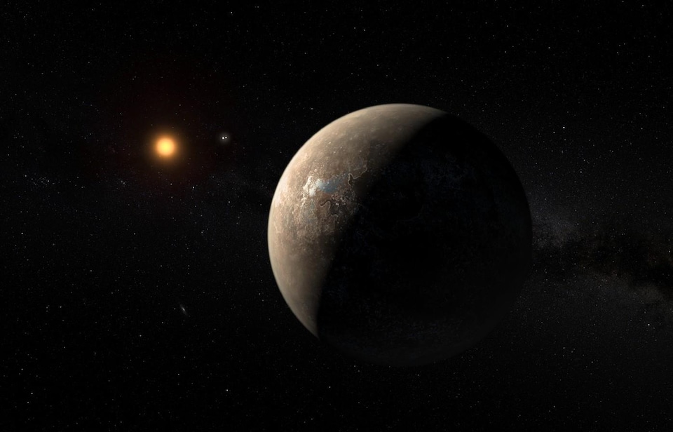 Représentation artistique de l'exoplanète Proxima b en orbite autour de Proxima du Centaure. 