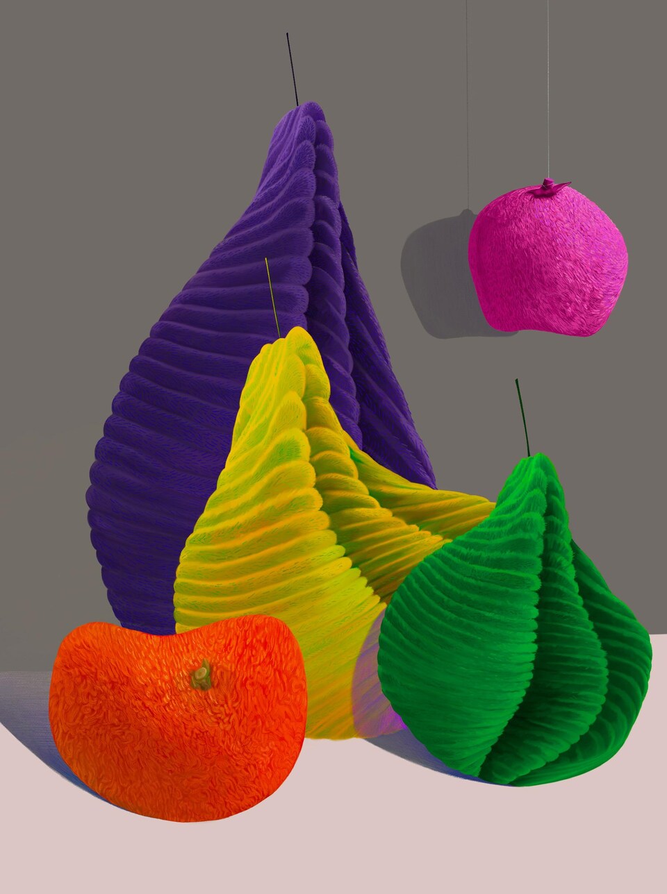 Un tableau représentant des fruits qui ont des textures semblables à celles de tissus. 

