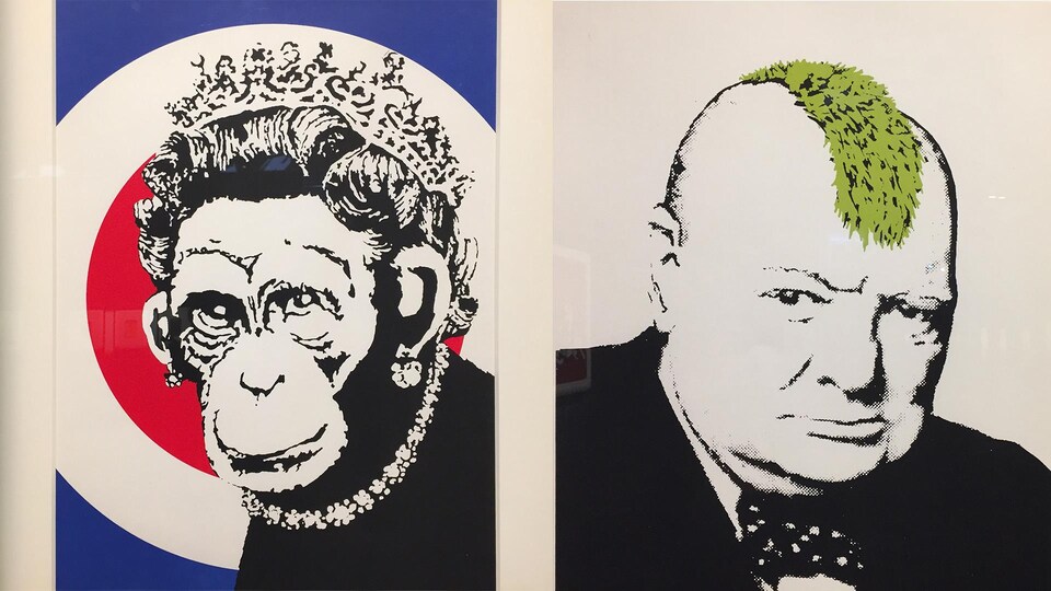 La représentation de la reine la montre avec un couronne, des boucles d'oreilles et un collier. Derrière elle, une cible en rouge et bleu. Le portrait de Churchill est tout en noir avec une tignasse qui semble végétale au centre de son crâne. 