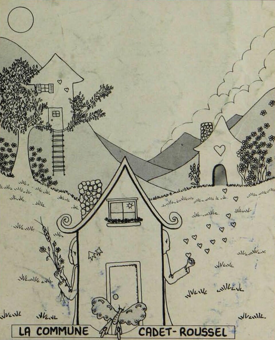 Le dessin de trois maisons à la campagne, et l'inscription : « La commune Cadet-Roussel ».