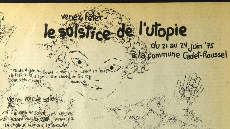 Le dessin d'un visage sur lequel on peut lire : « Venez fêter le solstice de l'utopie, du 21 au 24 juin 1975 à la commune Cadet-Roussel ».
