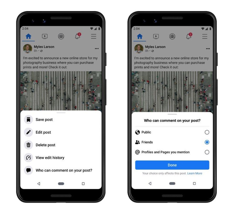 Deux écrans de téléphone Android qui deviennent la nouvelle fonction de restriction des commentaires sur les publications sur Facebook. 