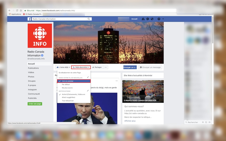 Une capture d'écran montrant la page Facebook de Radio-Canada Information avec les boutons « Déjà abonné(e) » et « Voir en premier » mis en évidence.