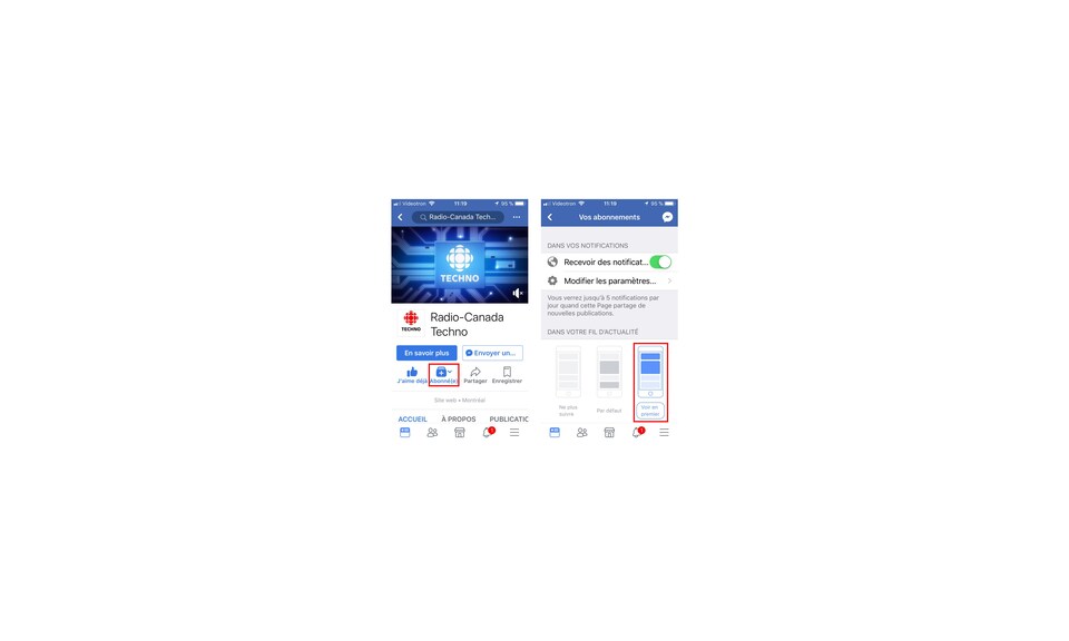 Deux captures d'écran de Facebook sur mobile placées côte à côte. Les boutons à cliquer sont mis en évidence en rouge.