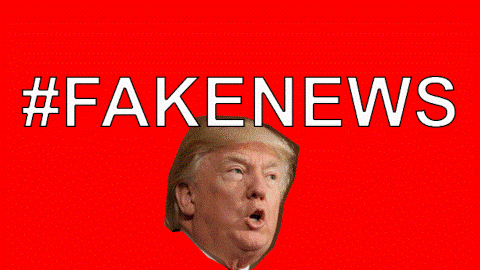 Image animé montrant le mot-clic « #FakeNews » (fausse nouvelle), accompagné d'une photo du président américain, Donald Trump.