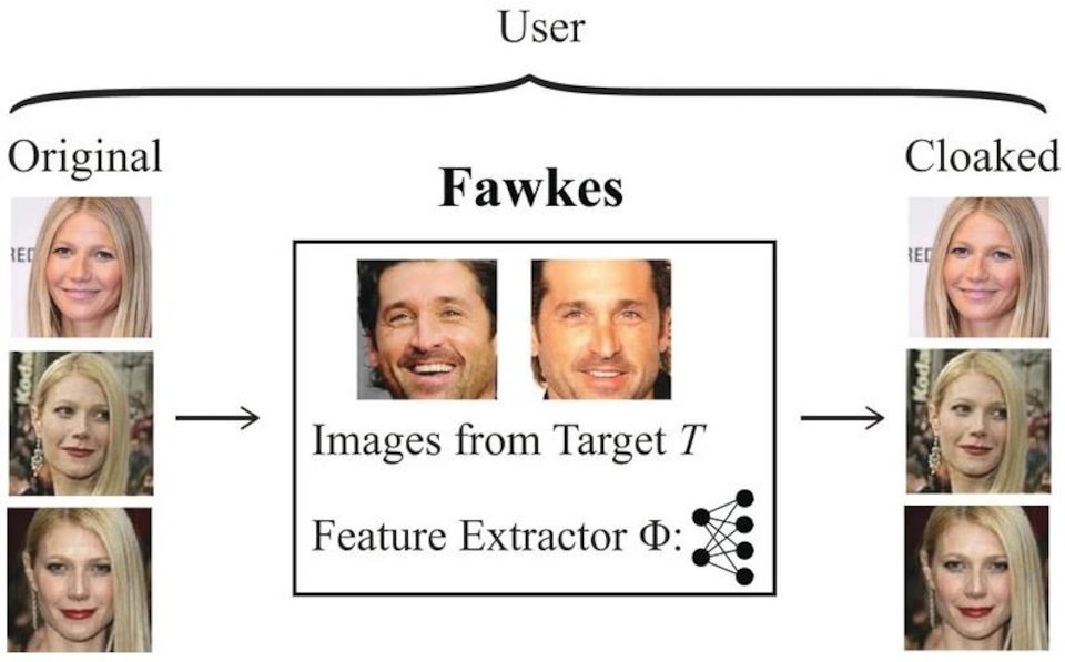 Un schéma qui montre comment le visage de Gwyneth Paltrow a été modifié par le logiciel Fawkes.