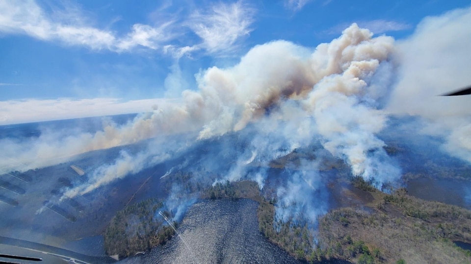 Photo aérienne des colonnes de fumée qui se dégagent du feu de forêt.
