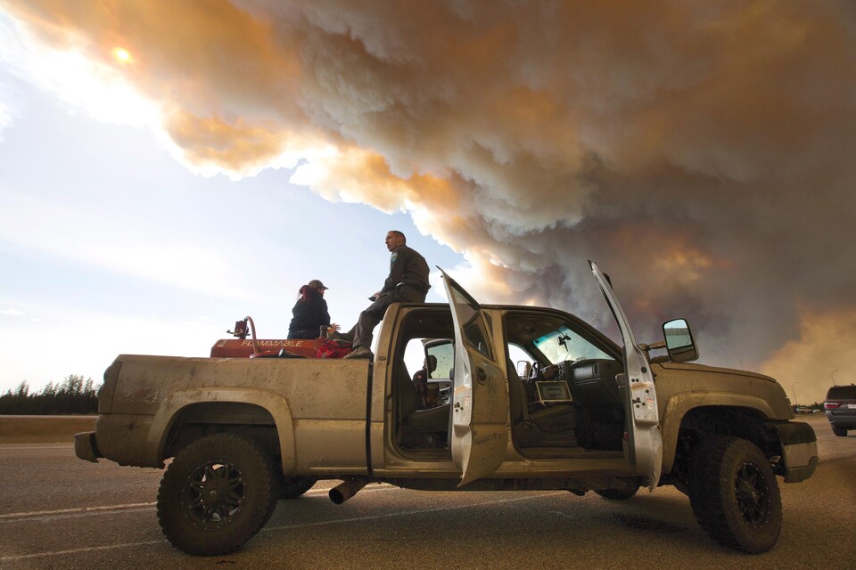 Des spécialistes des soins aux animaux sont assis sur une camionnette toutes portes ouvertes. Un gros nuage de fumée passe au-dessus d'eux. 