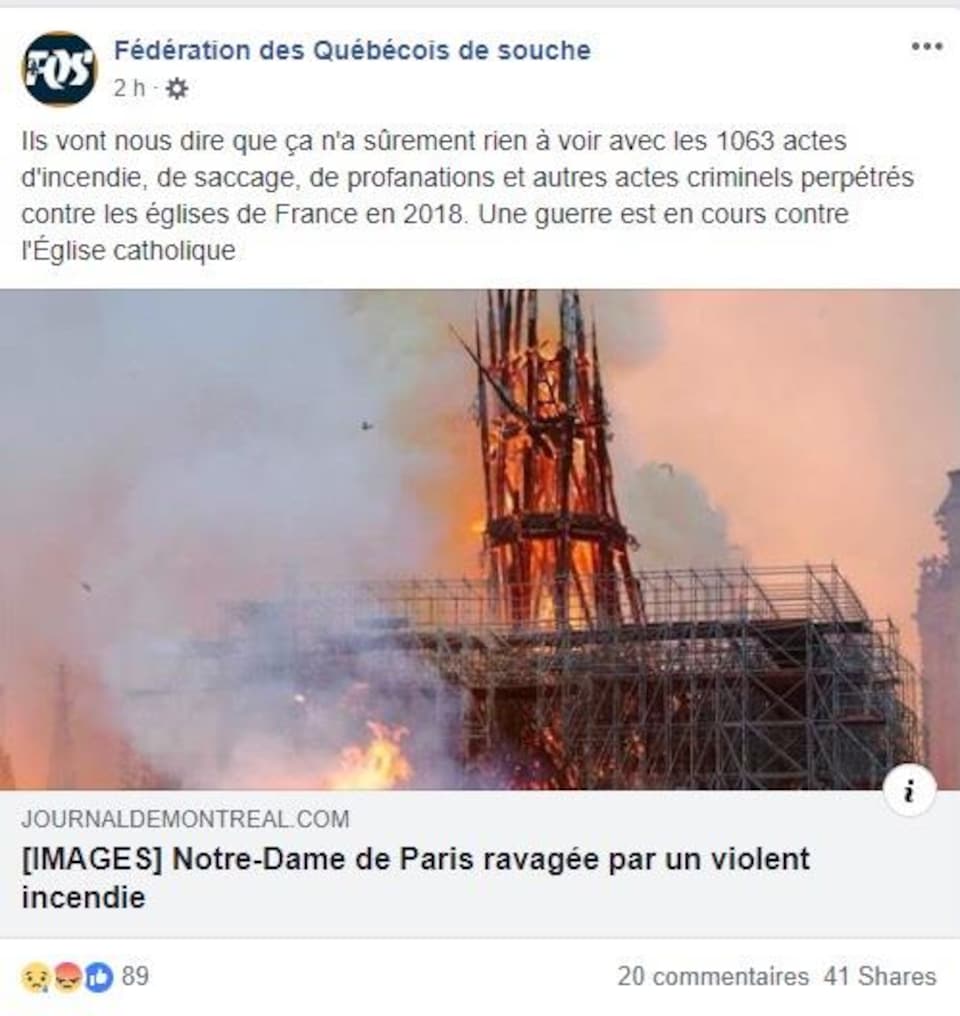 La publication affirme que les médias vont tenter de convaincre la population que l'incendie de la cathédrale Notre-Dame était un accident, alors que ce n'est pas le cas.
