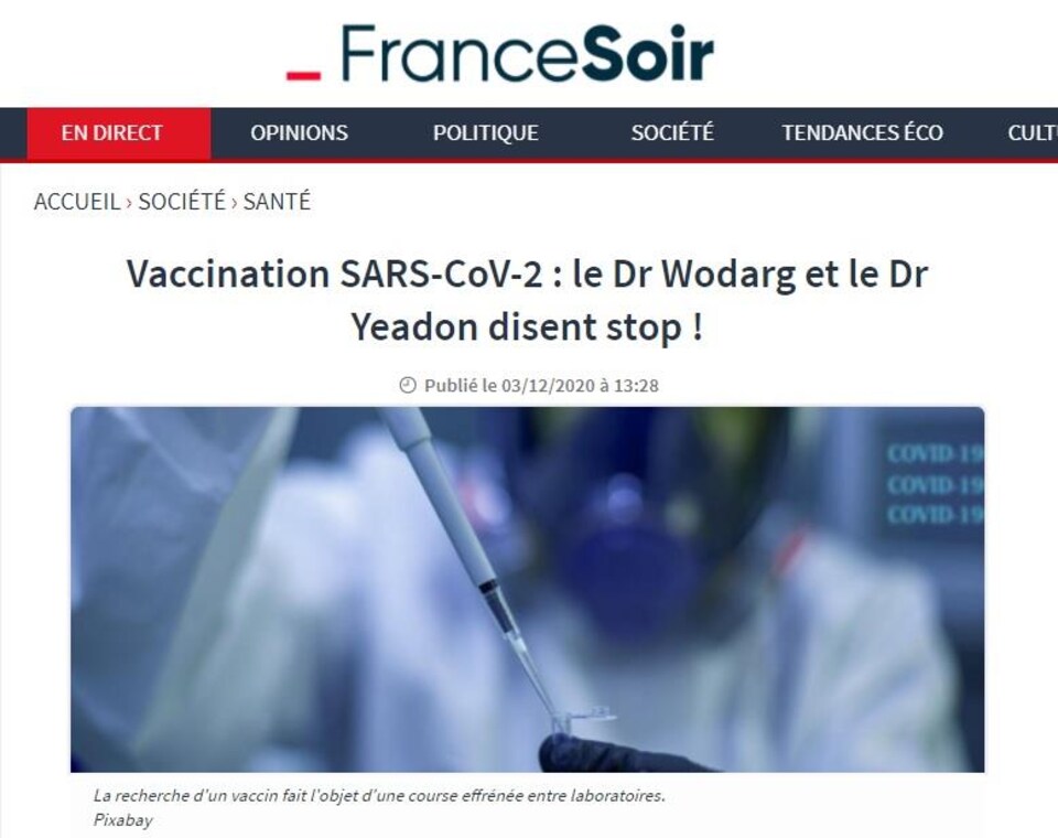 Capture d'écran d'un article de FranceSoir avec le titre « Vaccination SARS-CoV-2 : le Dr Wodarg et le Dr Yeadon disent stop! »
