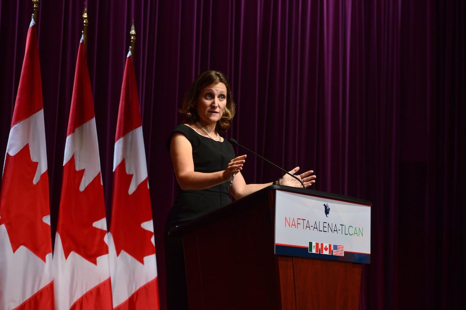La ministre des Affaires étrangères Chrystia Freeland a répondu à des questions sur le dossier Bombardier-Boeing mercredi, en marge des renégociations de l'ALENA à Ottawa.