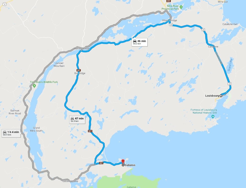 Carte Google Maps de l'itinéraire entre Gabarus et Louisbourg.