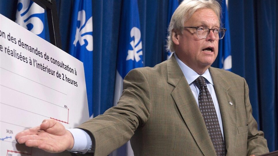 Le ministre Gaétan Barrette donne des explications en montrant une affiche avec un graphique.