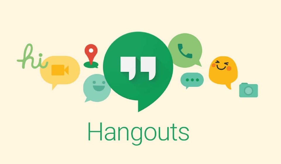 Image promotionnelle de Google Hangouts. On y voit son logo, des bulles de texte et des émoticônes. 